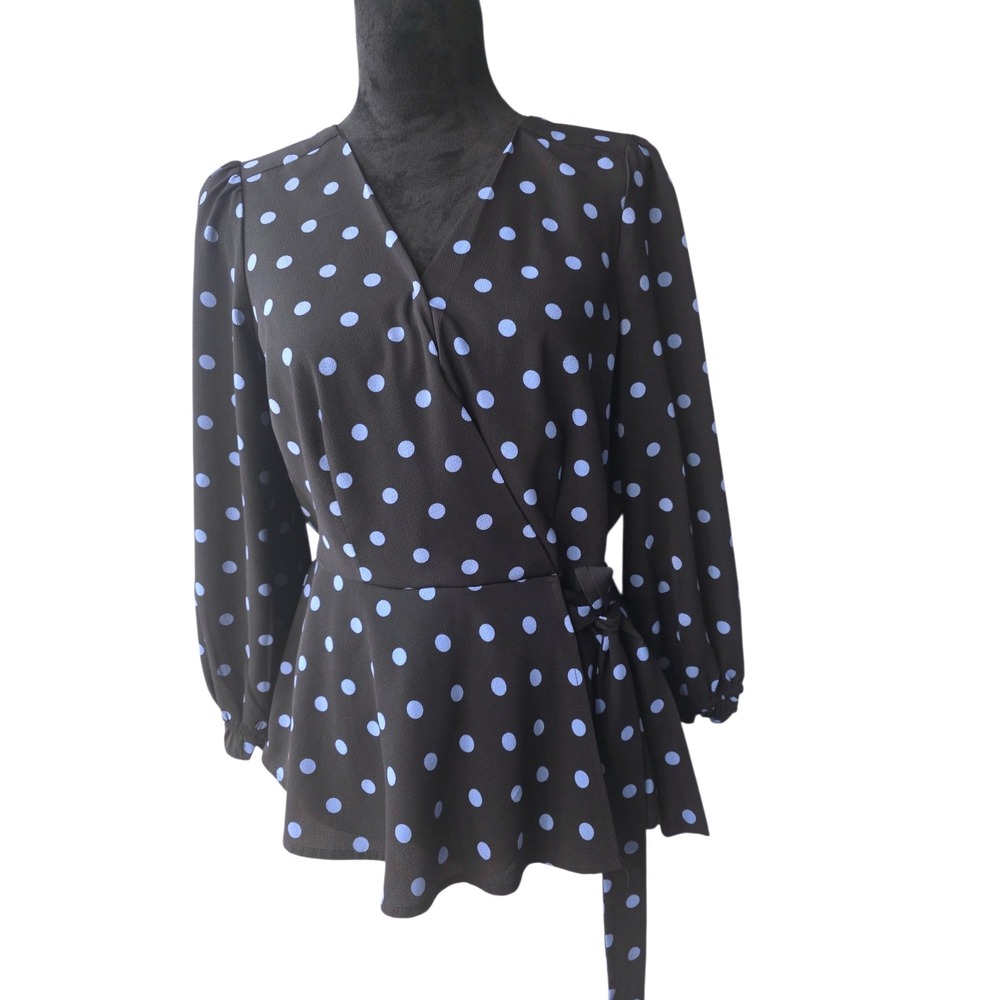OLM Women Black Blue Polka Dot Wrap Peplum Blouse Puff Sleeve‎ V-Neck Size M A3